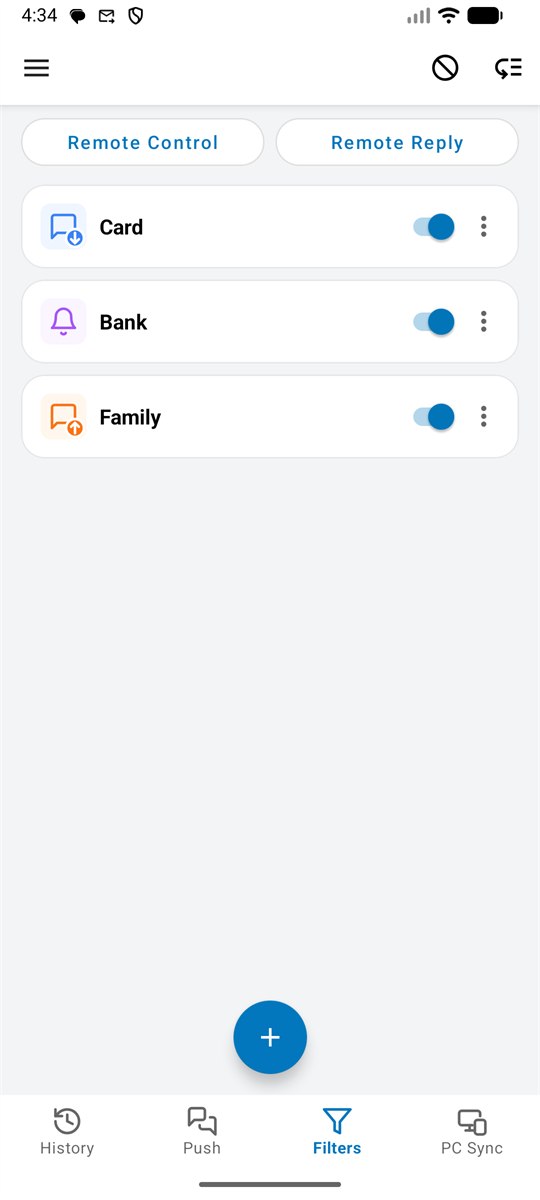 Filter list screen, where each filter can be switched on or off.
