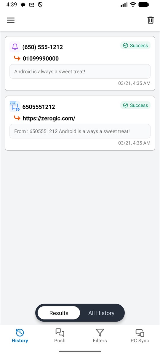 Delivery history screen