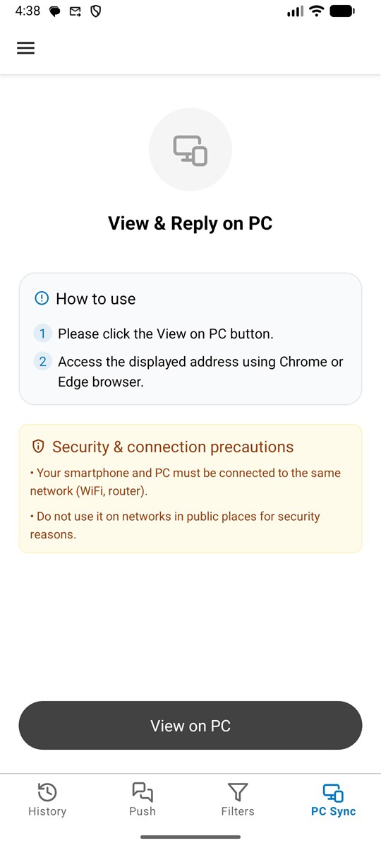 PC Sync screen