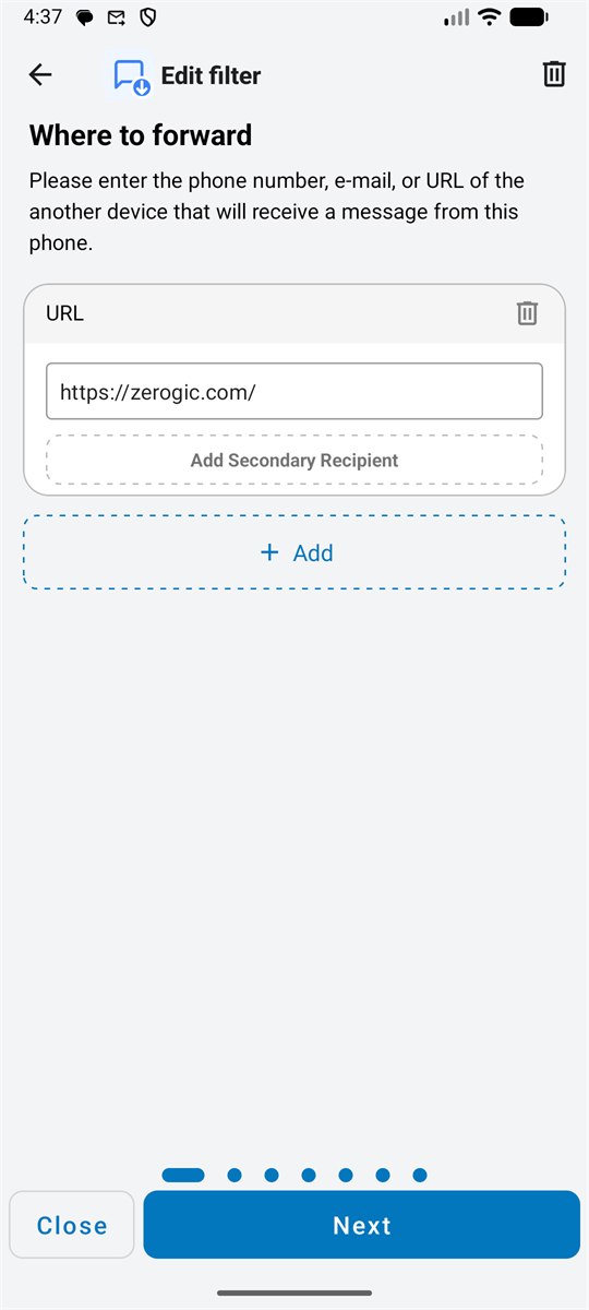 Recipient settings screen